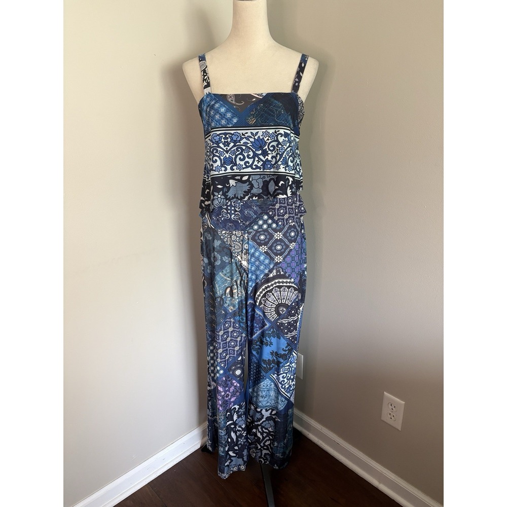 Desigual Jumpsuit M Medium Blue Patchwork Tile Floral Wide Leg Pant 19SWPK10